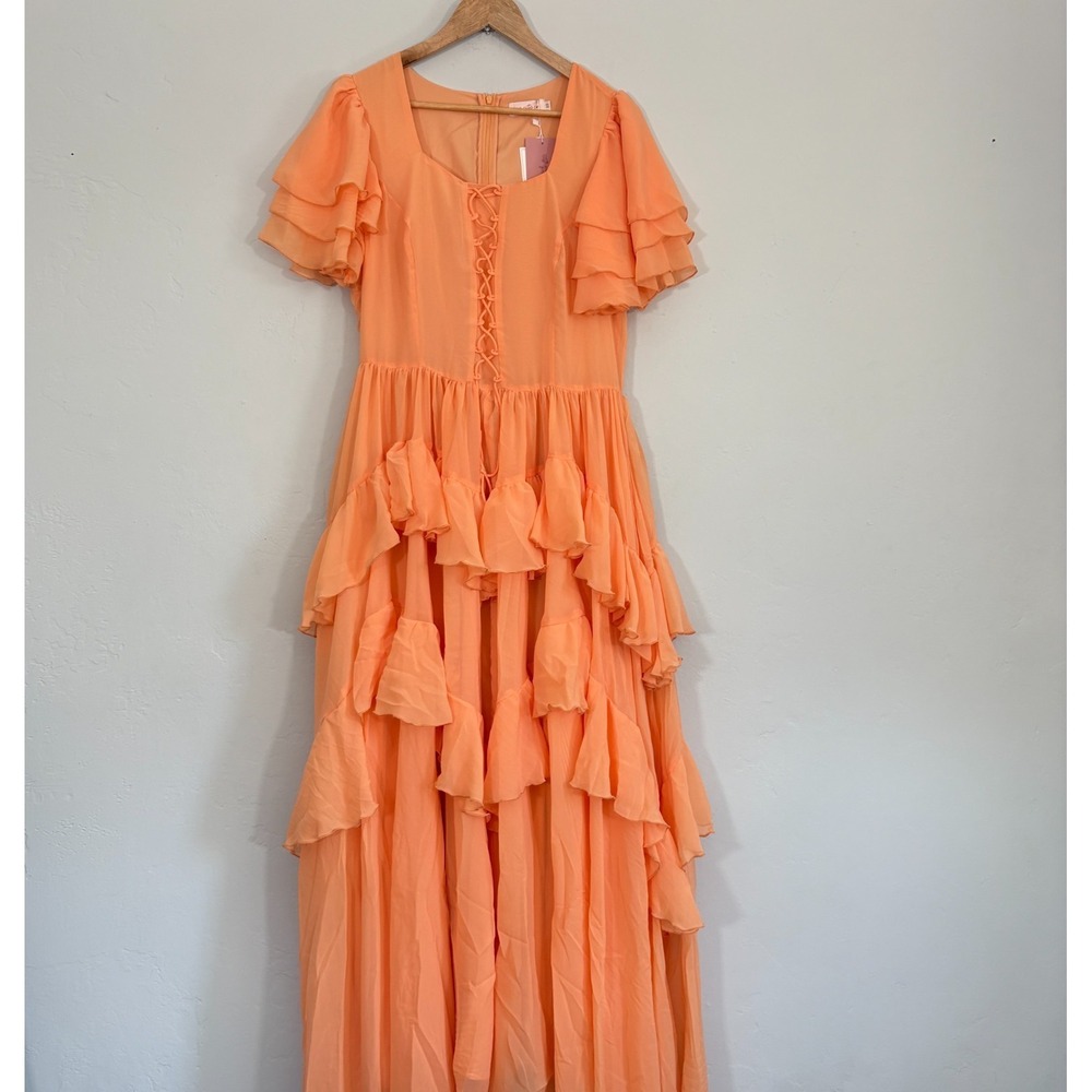 Ivy City Co Peach Ruffle Midi Dress